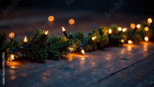 Twinkling white garland of LED diodes against dark wooden background, Christmas lights, Christmas decor photo