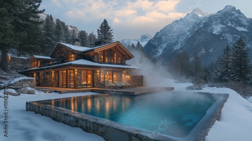 Winter retreat with a heated pool nestled in snowy mountains during twilight