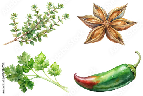 Fresh herbs collection, vibrant watercolor style, culinary ingredients, natural elements, organic flavors, food illustration.