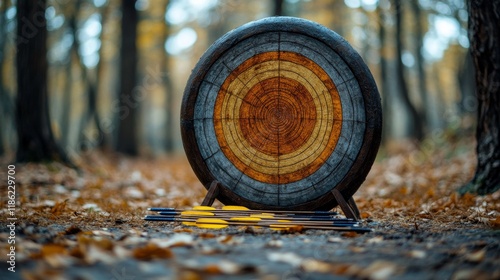Archery target set up in a serene autumn forest surrounded by fallen leaves