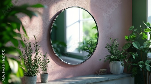 Circular mirror reflecting greenery in a modern living room setting with natu...