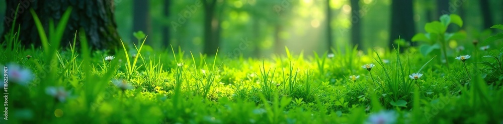 Dew-drenched grass sways in the gentle breeze, overgrown vegetation, nature scenery, forest floor Dew-drenched grass sways in the gentle breeze, overgrown vegetation, nature scenery, forest floor