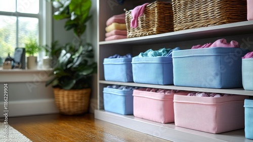 Organized storage solutions in a cozy room with pastel baskets and greenery