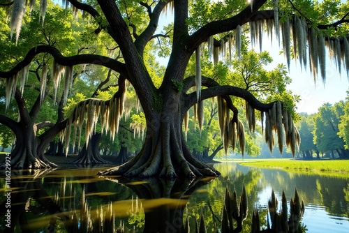 Cypress tree with Spanish moss hanging from its branches, cypress, trees, bayou