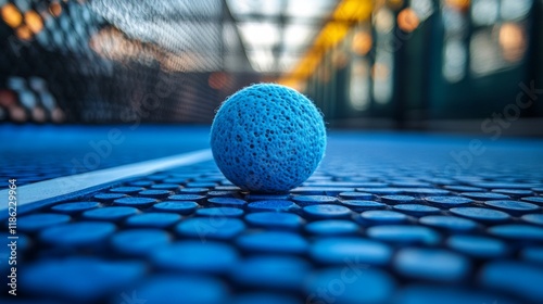 Focus on a unique textured ball on a vibrant blue sports court under bright s...