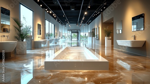Modern retail store interior showcasing sleek design and spacious layout with...