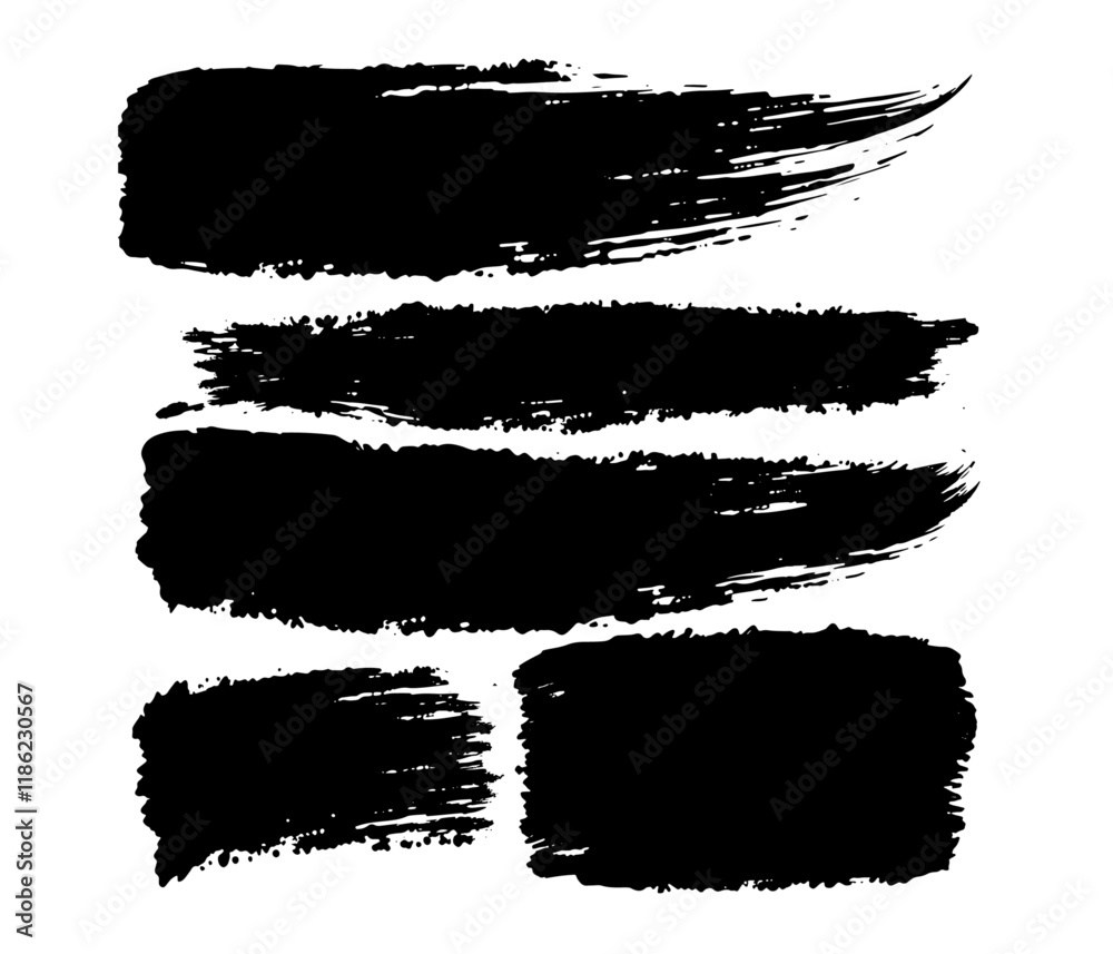 Fototapeta premium Vector Set of brush acrylic strokes. Black color on white background. Hand painted grange elements. Ink drawing. Dirty artistic design