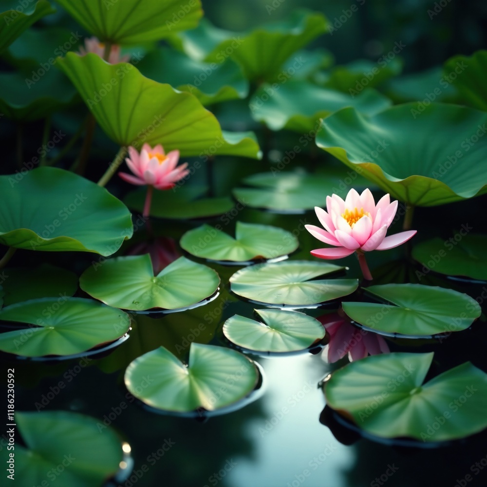 Softly glowing water lily pads in a green forest pool, gentle glow, natural light, leafy foliage Softly glowing water lily pads in a green forest pool, gentle glow, natural light, leafy foliage