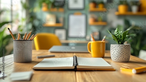 Cozy workspace featuring stationary, plants, and warm colors for productivity...
