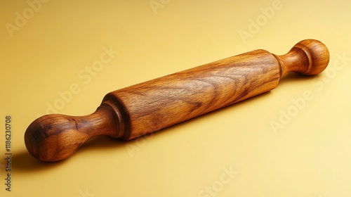 Rolling pin with flour and fresh pasta ingredients on a wooden table in a coz...