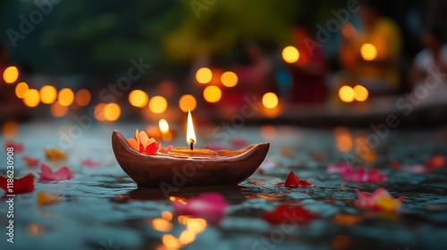 Indian Hindu religious offering of diya and petals on water during evening ceremony photo