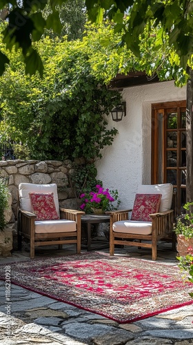 Cozy outdoor seating area with stylish chairs and lush greenery in a garden s...
