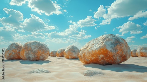 Unique spherical boulders align along a gravel path in a scenic landscape