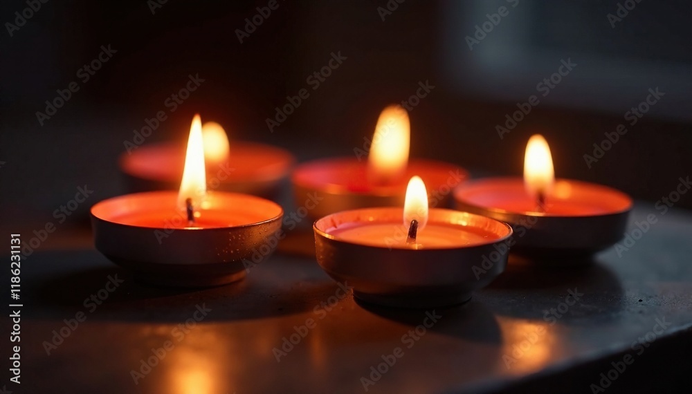 Four tea lights with flames softly flickering in the darkness, soft, night, warm Four tea lights with flames softly flickering in the darkness, soft, night, warm