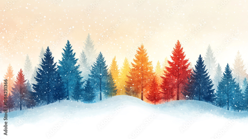 Naklejka premium Colorful winter forest landscape with vibrant trees under a soft snowfall