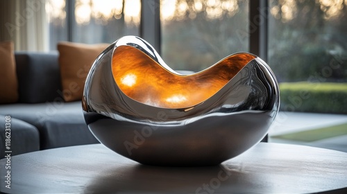 Unique modern sculpture with warm light in elegantly designed interior space