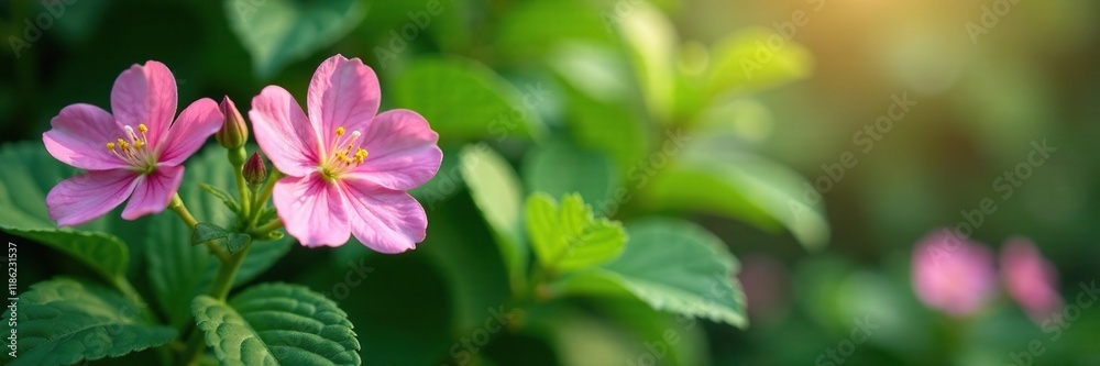 Delicate pink flowers bloom in a lush green foliage, pink flowers, leaves Delicate pink flowers bloom in a lush green foliage, pink flowers, leaves