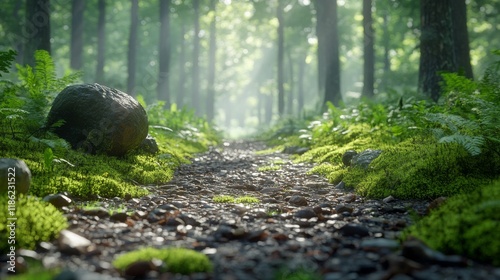 Serene forest path surrounded by lush green ferns and sunlight filtering thro...