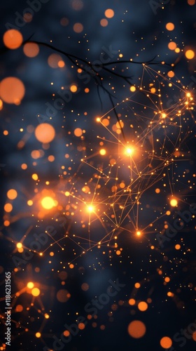 Bright glowing particles and connections create a cosmic web in a dark space ...