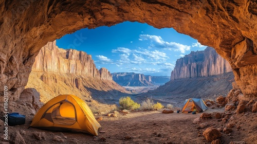 Expansive desert view from a rocky cave with distant mountains and camping te...
