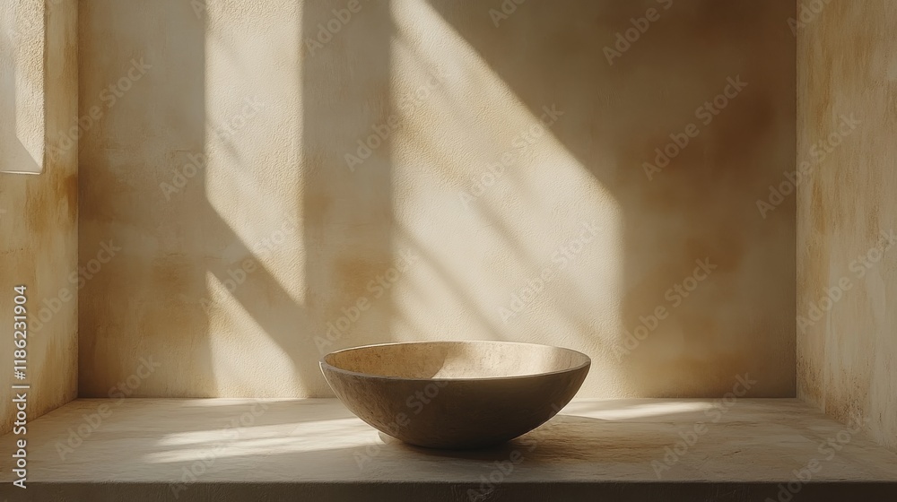 Minimalist stone bowl placed on a stone platform in a softly lit contemporary interior space Minimalist stone bowl placed on a stone platform in a softly lit contemporary interior space