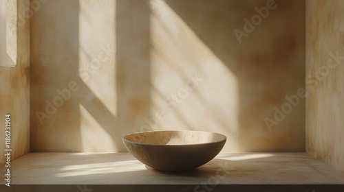 Minimalist stone bowl placed on a stone platform in a softly lit contemporary...