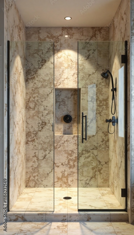 Ceramic tile shower with glass doors and walls, glass doors, tiles Ceramic tile shower with glass doors and walls, glass doors, tiles