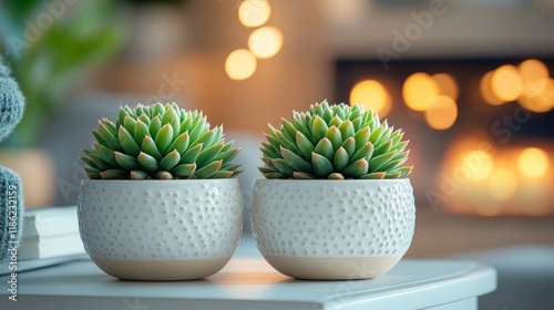 Beautifully arranged succulent plants in decorative pots on a stylish table i...