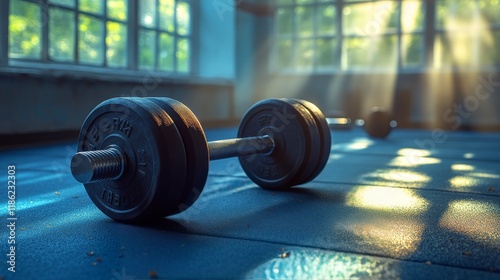 Dumbbells resting on the floor of a sunlit gym during the afternoon