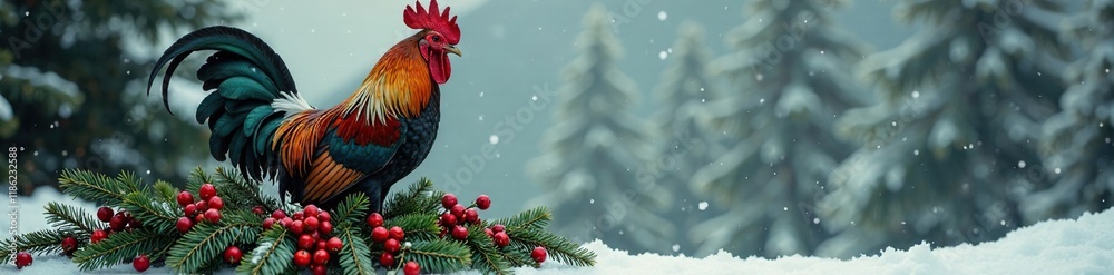 Fototapeta premium Regal rooster seated upon a pile of festive holly and mistletoe, snowy landscape, holiday spirit