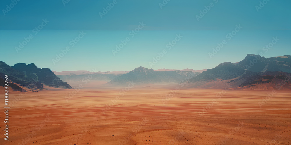 Fototapeta premium red desert mountains of Mars, with a clear blue sky in the background, emphasizes the grandeur of scale and the stark beauty of the alien landscape.