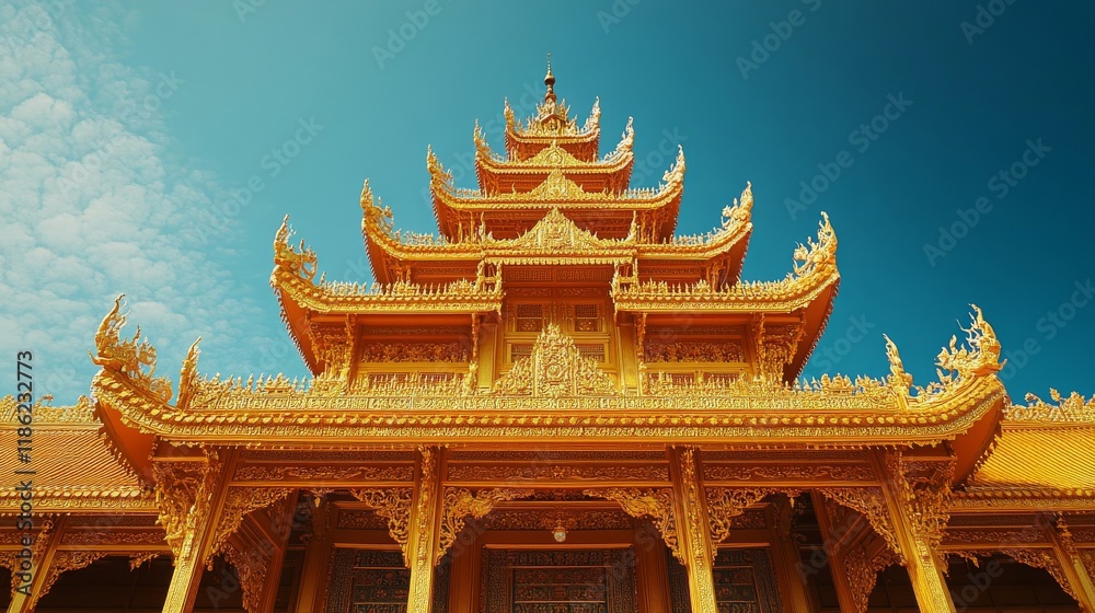 Fototapeta premium Majestic golden temple showcasing intricate architectural details against a clear blue sky