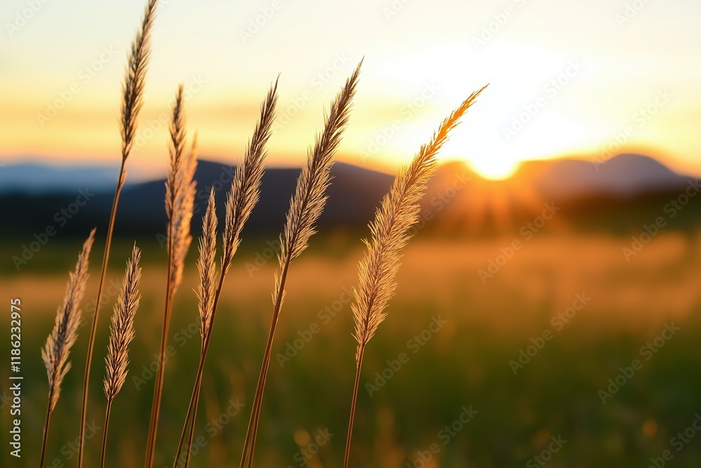 Sunset illuminating delicate grass blades with golden serene atmosphere Sunset illuminating delicate grass blades with golden serene atmosphere