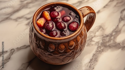 Refreshing pitcher of fruity drink with mint leaves on a rustic countertop in...