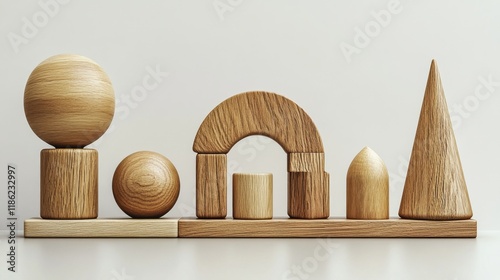 Creative arrangement of wooden geometric shapes on a minimalistic surface at ...