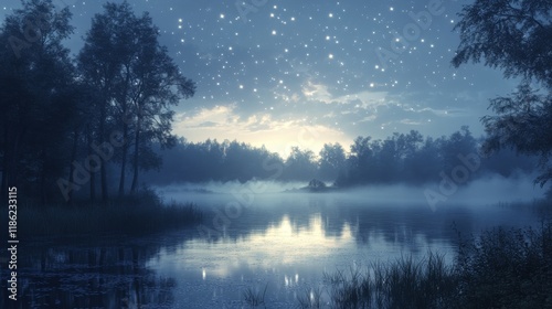Serene morning mist over tranquil lake at dawn with shimmering water reflections