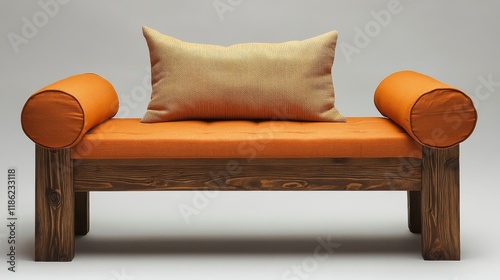 Modern orange and wooden sofa with cushion in minimalist style