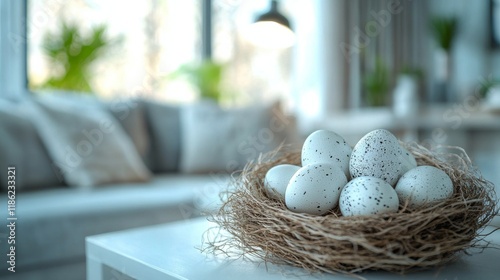 Nest of decorated eggs with cherry blossoms at sunrise light in a cozy indoor...
