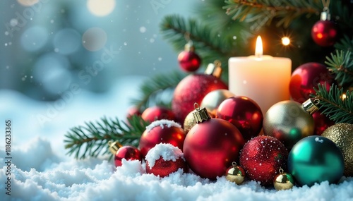 A jumbled heap of Christmas ornaments and candles, candlesticks, snowy background