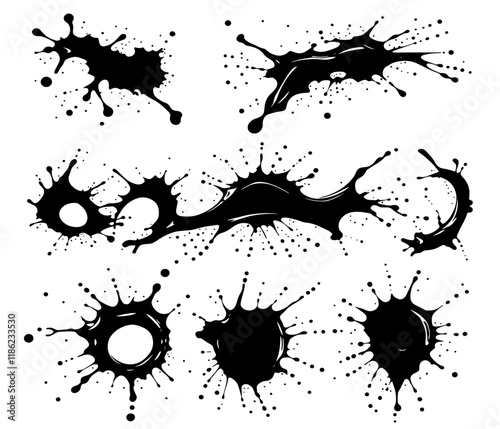 Set black ink splashes
