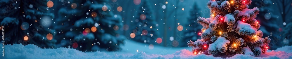 Cozy winter scene with a colorful Christmas tree and snowflakes, christmas tree, colorful