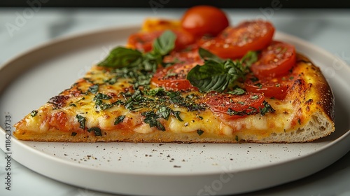 Freshly baked pizza slice topped with tomatoes and basil on a plate