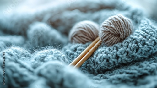 Cozy knitting materials on a soft, textured blanket with wool yarn balls and ...