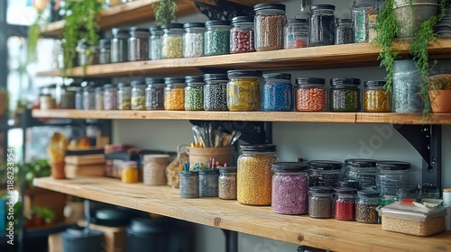 Natural jars and herbs displayed on a wooden table in a cozy interior space s...