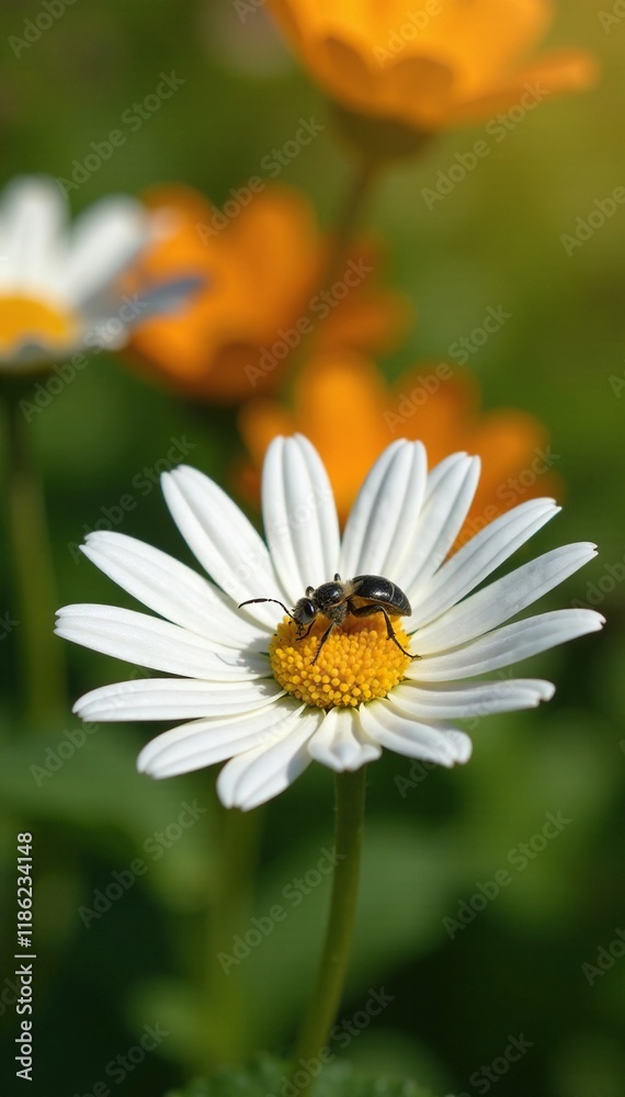 Small insect covered in white dust rests on sunny flower, sunny, garden Small insect covered in white dust rests on sunny flower, sunny, garden
