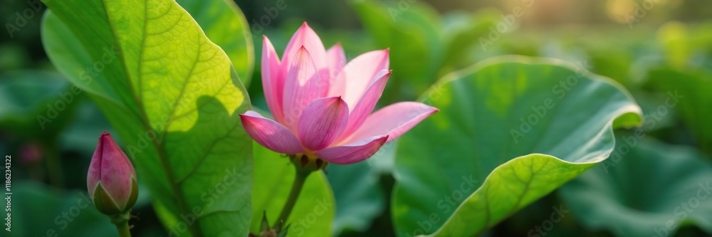 Tiny pink petals peeking out from beneath large leaves, delicate blooms, pink blossoms Tiny pink petals peeking out from beneath large leaves, delicate blooms, pink blossoms