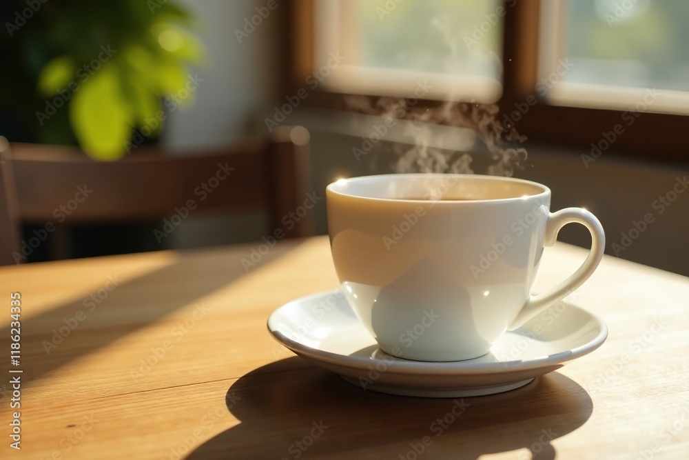 Light pours onto a white cup on a wooden table, inviting, white, wood Light pours onto a white cup on a wooden table, inviting, white, wood