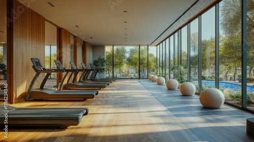 Modern fitness center with large windows overlooking a lush outdoor pool area