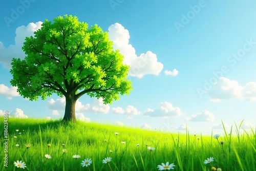 The tree's leaves rustle in the gentle summer breeze, meadow, sounds, greenery