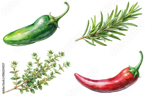 Fresh herbs and peppers, vibrant watercolor style, culinary ingredients, natural food illustration, cooking inspiration.
